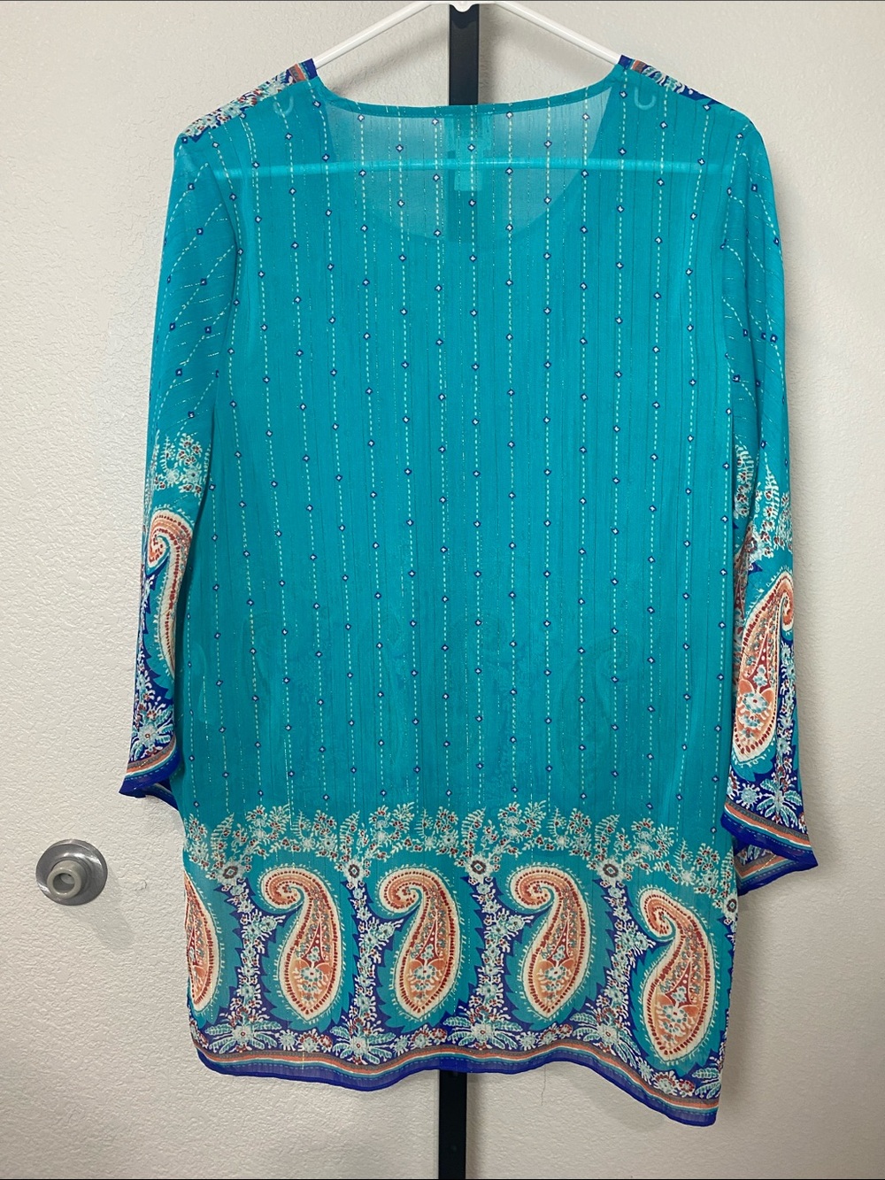 Chico's Turquoise Paisley Wrap-Style Blouse with Coral & Royal Accents high low - Picture 4 of 5